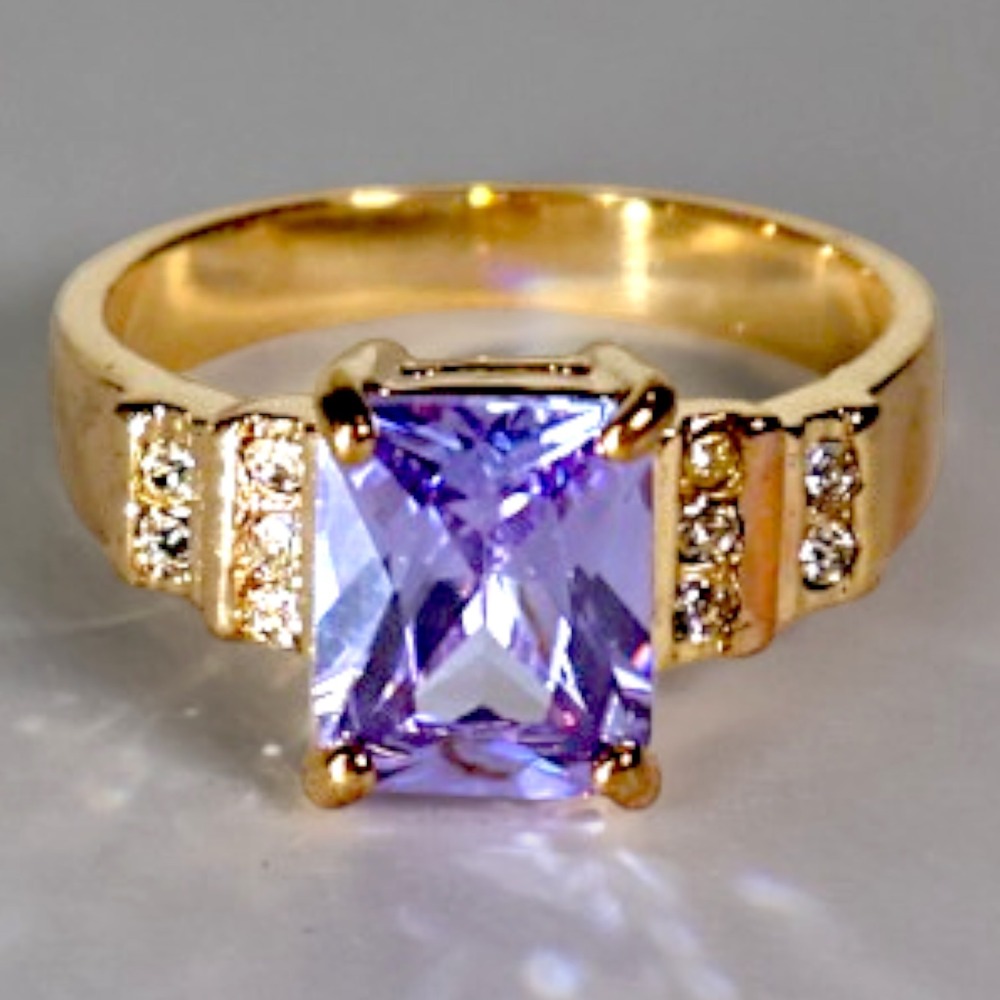 Swarovski Crystal Ring Size 10 14k Gold Overlay Purple Emerald Cut Stone New